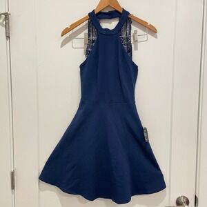 Lulus NWT Navy Blue Lace Halter Neck Fit Flare Dress Knee Length Women XS